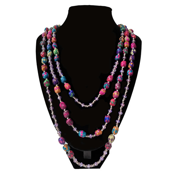 Collar Artesanal De Cuentas De Palma Y Cristal Lila, Tres Hilos