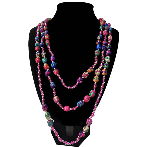 Collar Artesanal De Cuentas De Palma Y Cristal Fiusha, Tres Hilos 